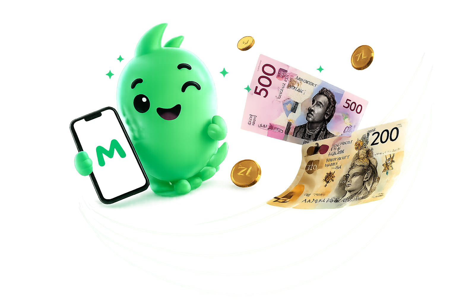 Maskot Penezek s telefonem a bankovkami